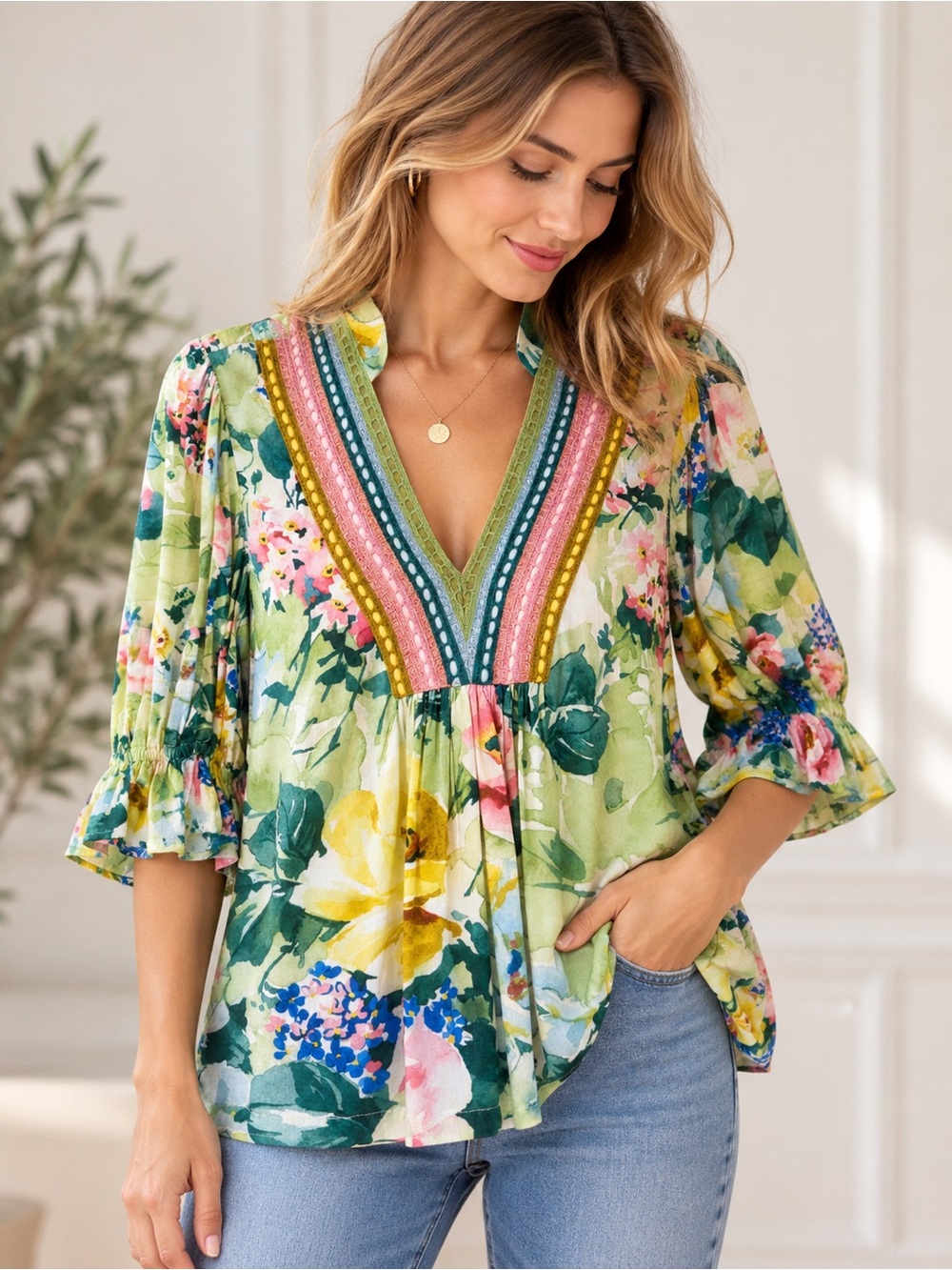 Anthropologie BL-NK Stephanie Floral Embroidered V-Neck Top S